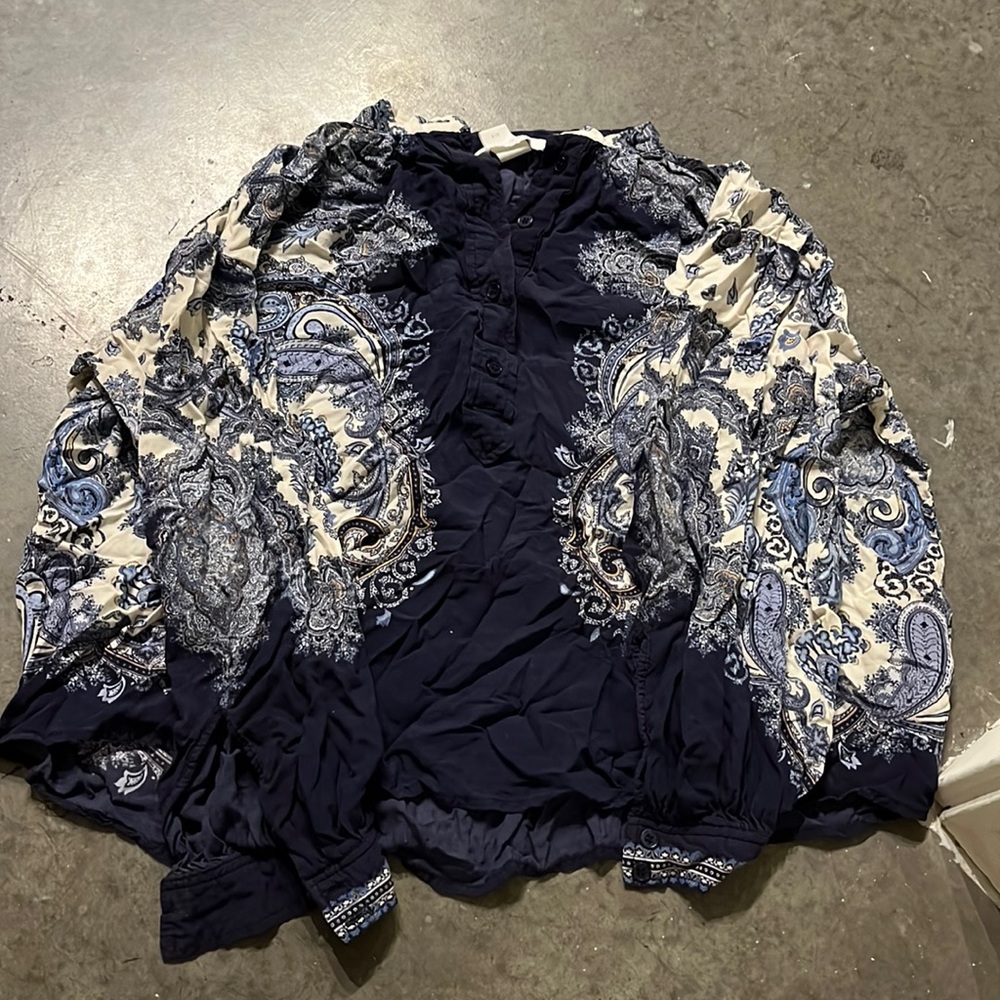 Mediterranean high neck button up long sleeve blouse